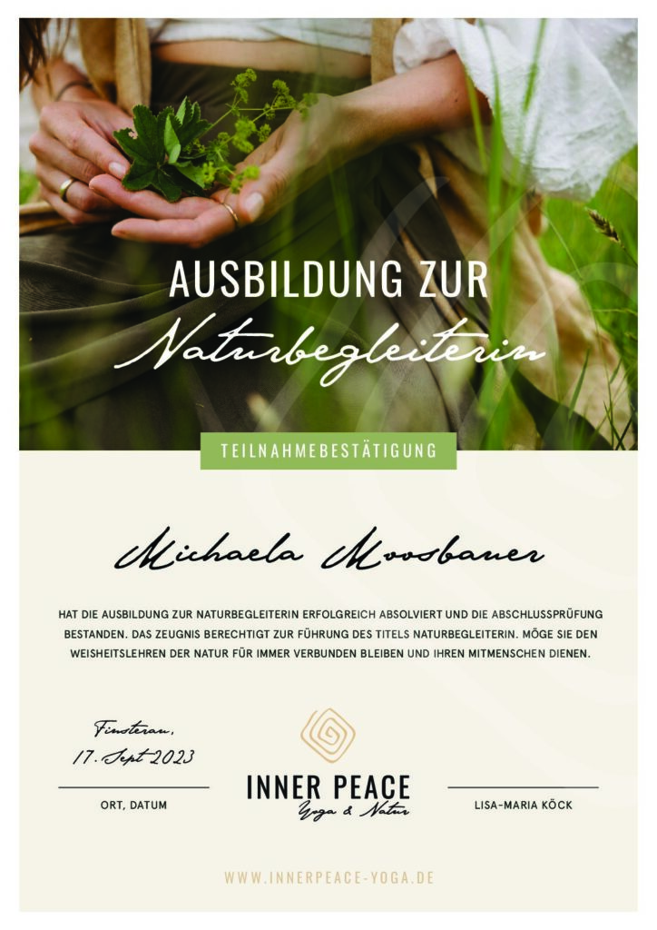 Zertifikat Ausbildung zur Naturbegleiterin – Michaela Moosbauer
